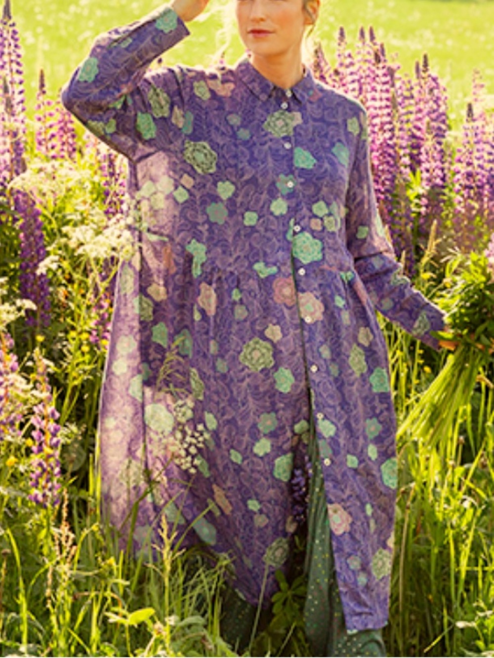 Gudrun Sjoden Purple Floral Long-Sleeve Midi Dress Size Medium 39923